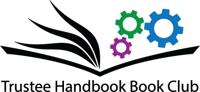 Trustee handbook book club logo. Open book with multicolored gears.