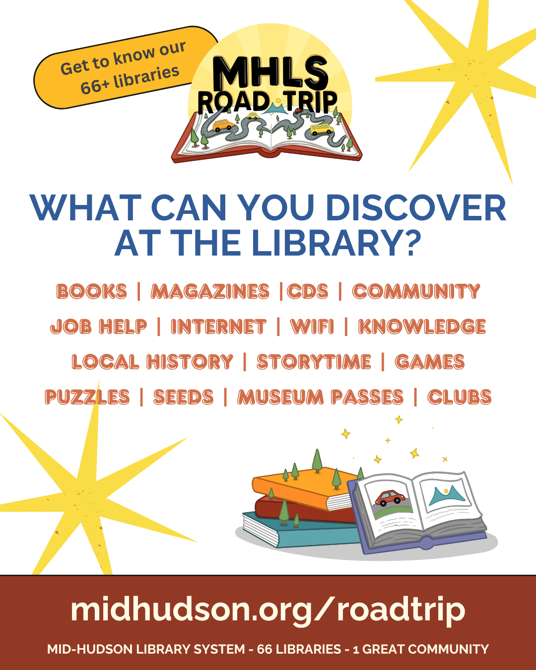 Get to know our 66 Libraries. MHLS Road Trip. What can you discover at the library? Books, magazines, CDs, community, job help, internet, wifi, knowledge, local history, storytime, games, puzzles, seeds, museum passes, clubs. Mid-Hudson Library System, 66 libraries - 1 great community