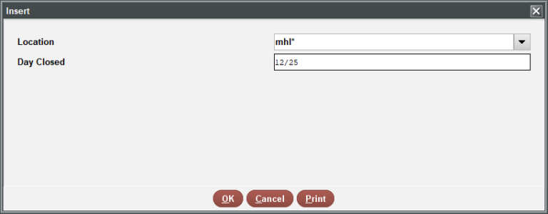 Line entry expanded to show the entry fields of Location ( a three letter code followed immediately by an asterisk), and the day closed field showing a two digit month and two digit day, seperated by a slash.