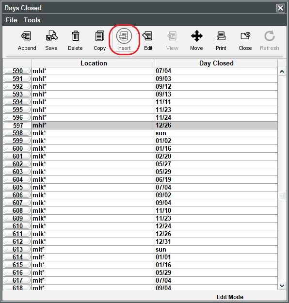 Days closed table.  A numbered table with three colums; line number, Library location and day closed by month and day.  Insert on the top toolbar is circled to illustrate adding an entry within the table.