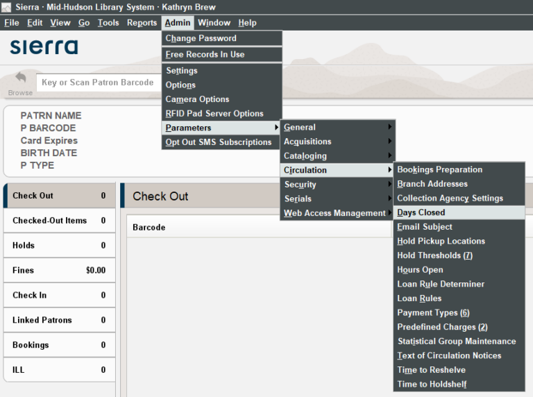 Menu path from Sierra toolbar to edit days closed.  Select Admin, then Parameters, then circulation, then Days closed/