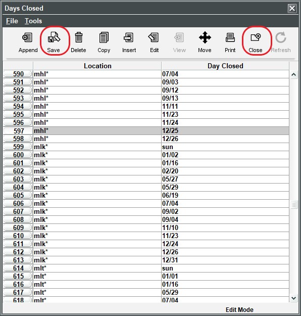 Days closed table with the save and closed buttons highlighted in the top toolbar