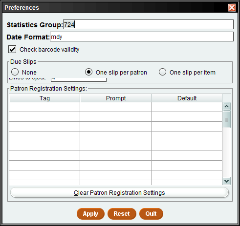 The oreferences window is displayed.   The library statistics group has been enterred and the date format is showing m-d-y.  Check barcode is selected and the one slip per patron radio button has been selected as the due slip option.