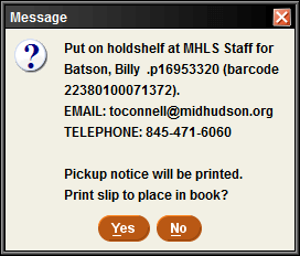 Screenshot of pop-up message to put an item on the holdshelf.