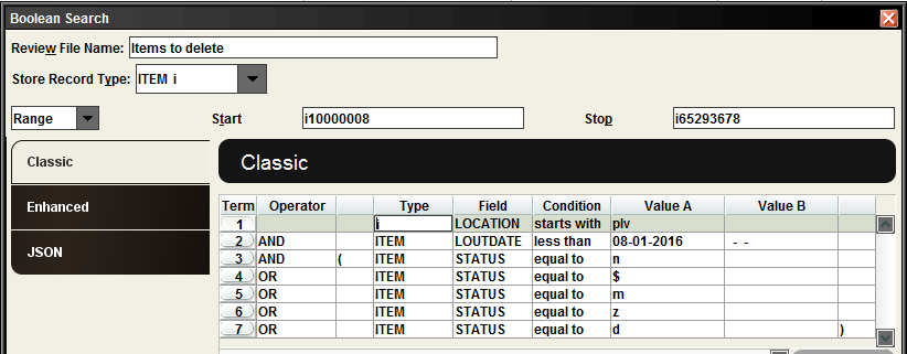 Boolean Search box in Sierra. Terms 3 to 7 have been filled in to limit the list to items that have certain statuses. Make sure to Group the statuses combined with the Boolean operator OR within the query. Term 3 is "AND ( ITEM STATUS equal to n". Term 4 is OR ITEM STATUS equal to $". Term 5 is OR ITEM STATUS equal to m". Term 6 is OR ITEM STATUS equal to z". Term 7 is OR ITEM STATUS equal to d )".