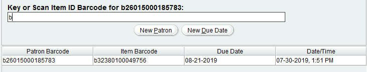 Example of a transaction that has been fully scanned.  The entry displays a patron barcode, an item barcode, a due date and the transaction date/time stamp.