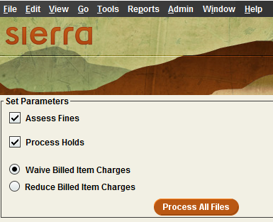 Screen view of check boxes for processing files.  Assess fines is checked, process holds is checked. and waive Billed item charges is checked.