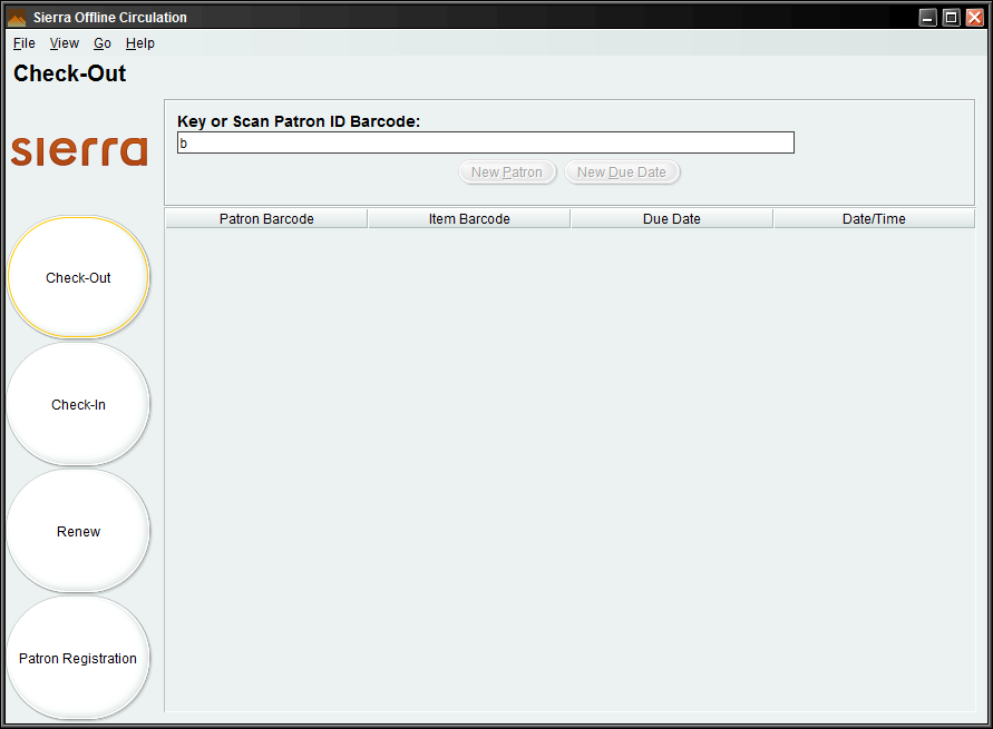 Image of the main page of Sierra Offline client.  Side toolbar options include Check-Out, Check In, Renew and Patron registration.   The process is set to key or scan a patron barcode.