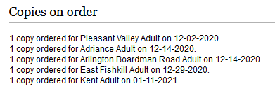 Screenshot of catalog showing copies on order for various locations.