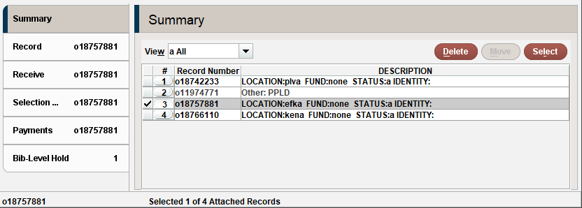 Screenshot of summary screen that displays list of order records