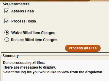 Final window shows a summary of the outcome of processing files.  Done Processing all files.  There are messages to display, Select the log file you would like to view from the drop down.