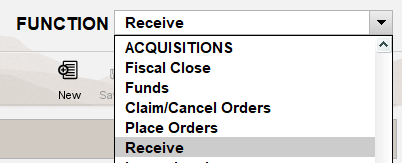 Screenshot of the Acquisitions menu with the Receive function selected.