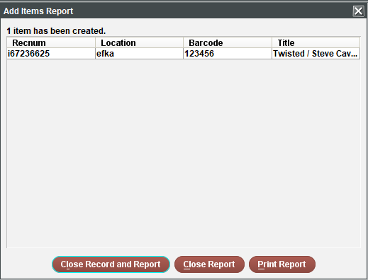 Screenshot of the Add Items Report pop-up that displays after completing the receive process.