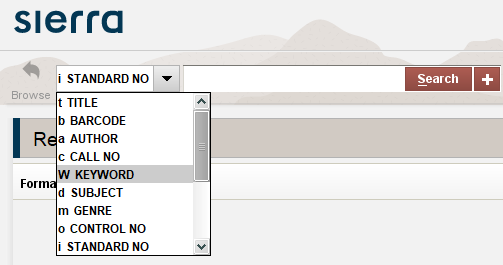 Screenshot of search bar with Keyword index selected