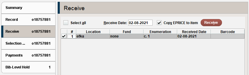 Screenshot of receive tab showing a single order record to be received