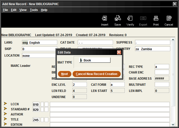 Screenshot of new bibliographic record with data entry prompts