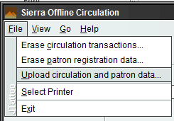 Top toolbar, file is selected, showing the option to upload circulation and Patron data as selected.