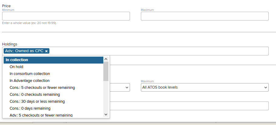 Screenshot of Advanced search with Holdings field set to "Adv: Owned as CPC"