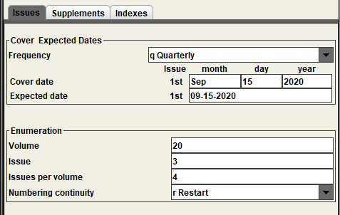 Screenshot of middle of the window, with Frequency changed, and cover date filled in. Enumeration fields changed from default values.