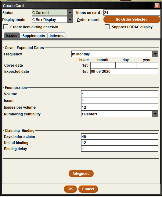 Screenshot of Create card window with default options filled in.