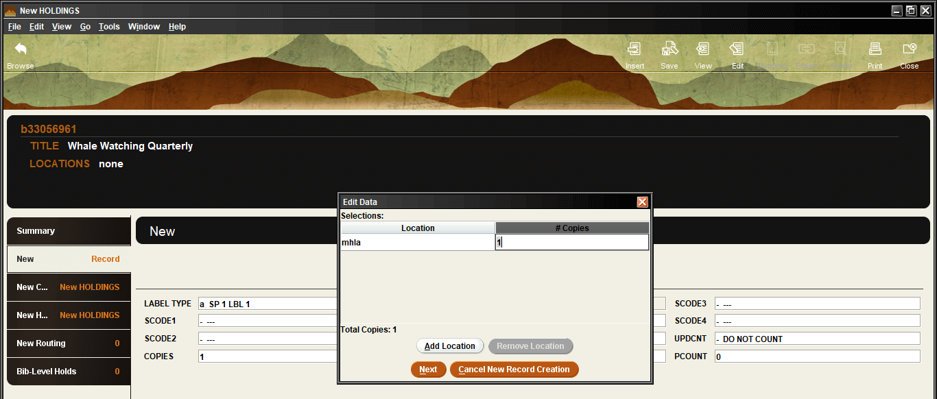 Screenshot of location and number of copies filled in when creating a new Checkin record.