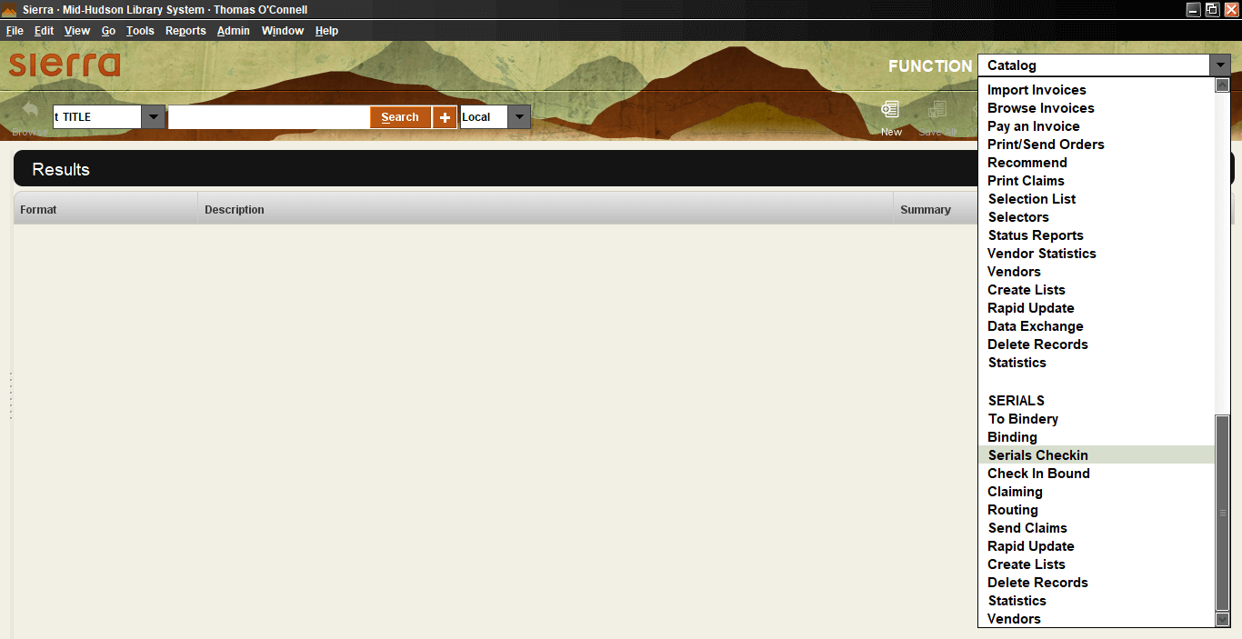 Screenshot of Sierra Serials Menu in the function list.