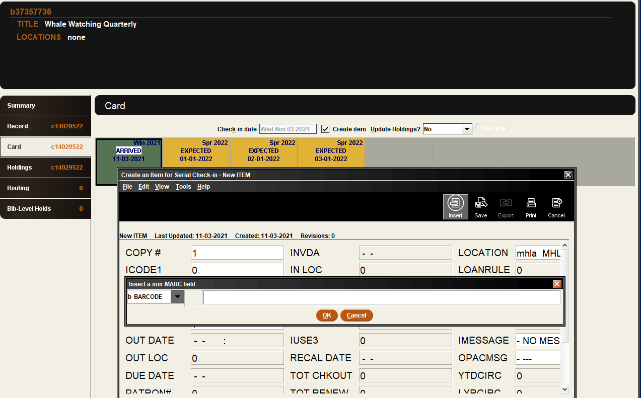 Screenshot of checkin card with first box received and prompts appearing to create an item record.