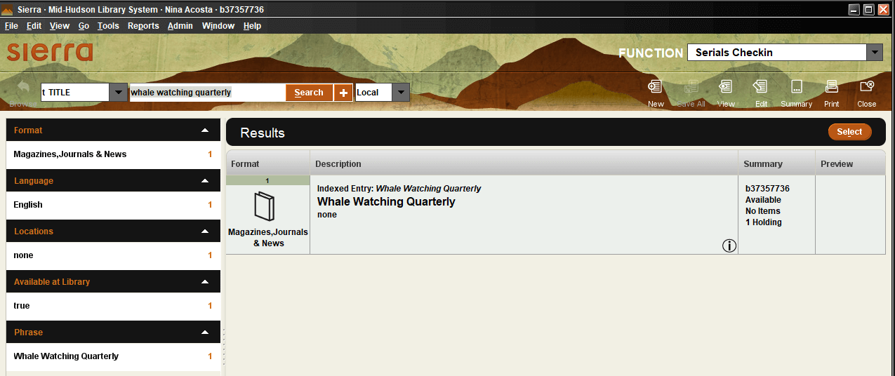 Screenshot of a Title search in Sierra's Serials Checkin function.