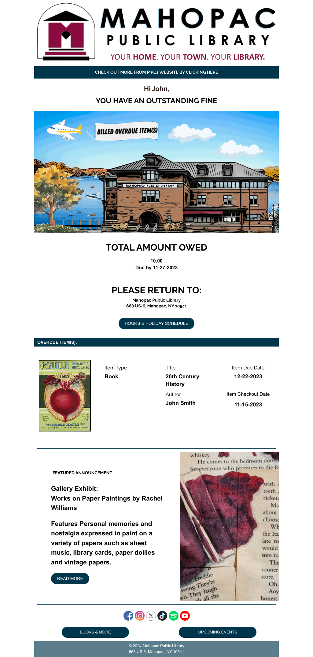 Mahopac Library example of billed notice email