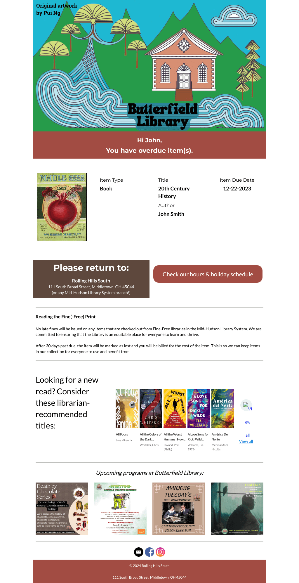 Julia L Butterfield Memorial Library (Cold Spring) example of overdue notice email