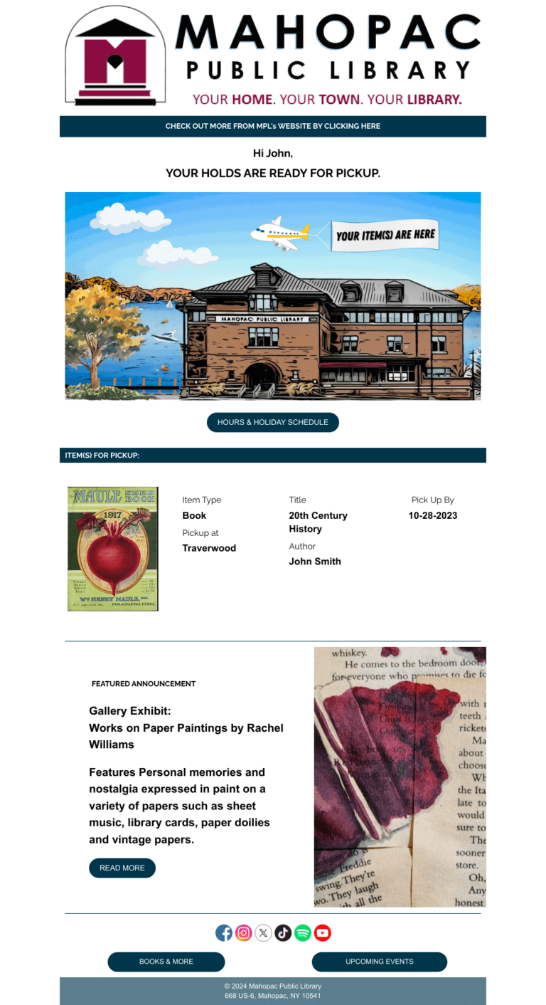 Mahopac Library hold pickup notice email example