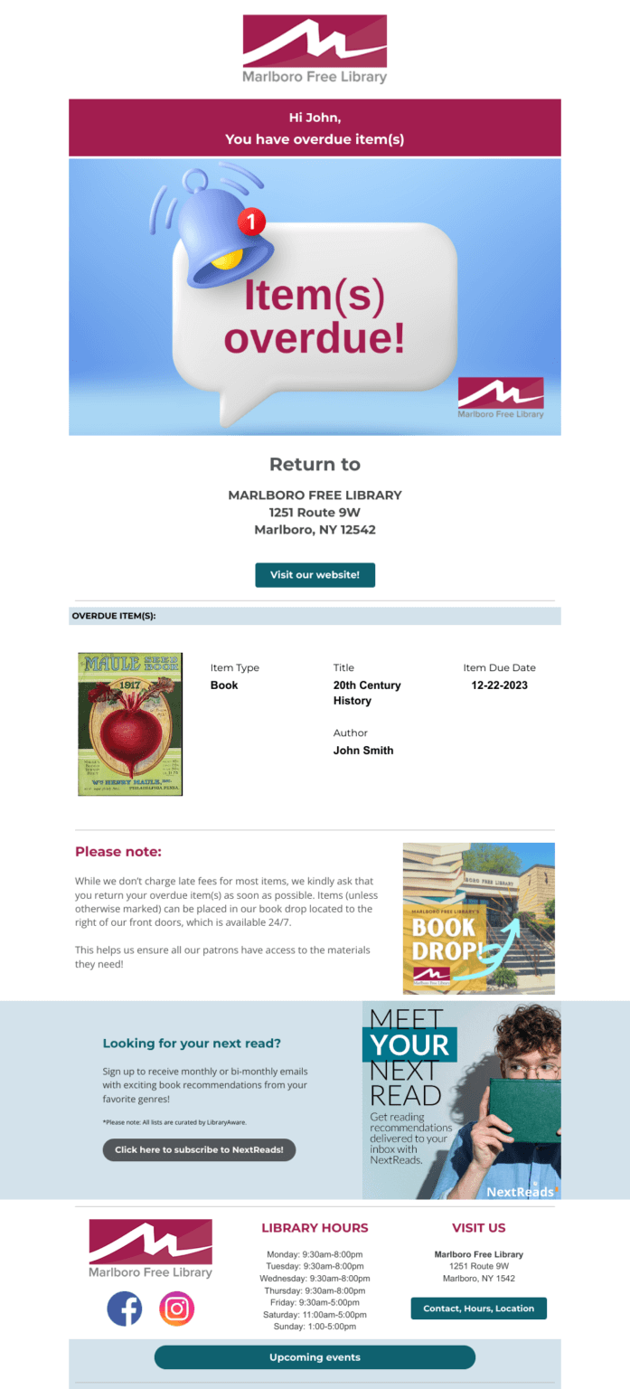 Marlboro Library example of overdue notice email
