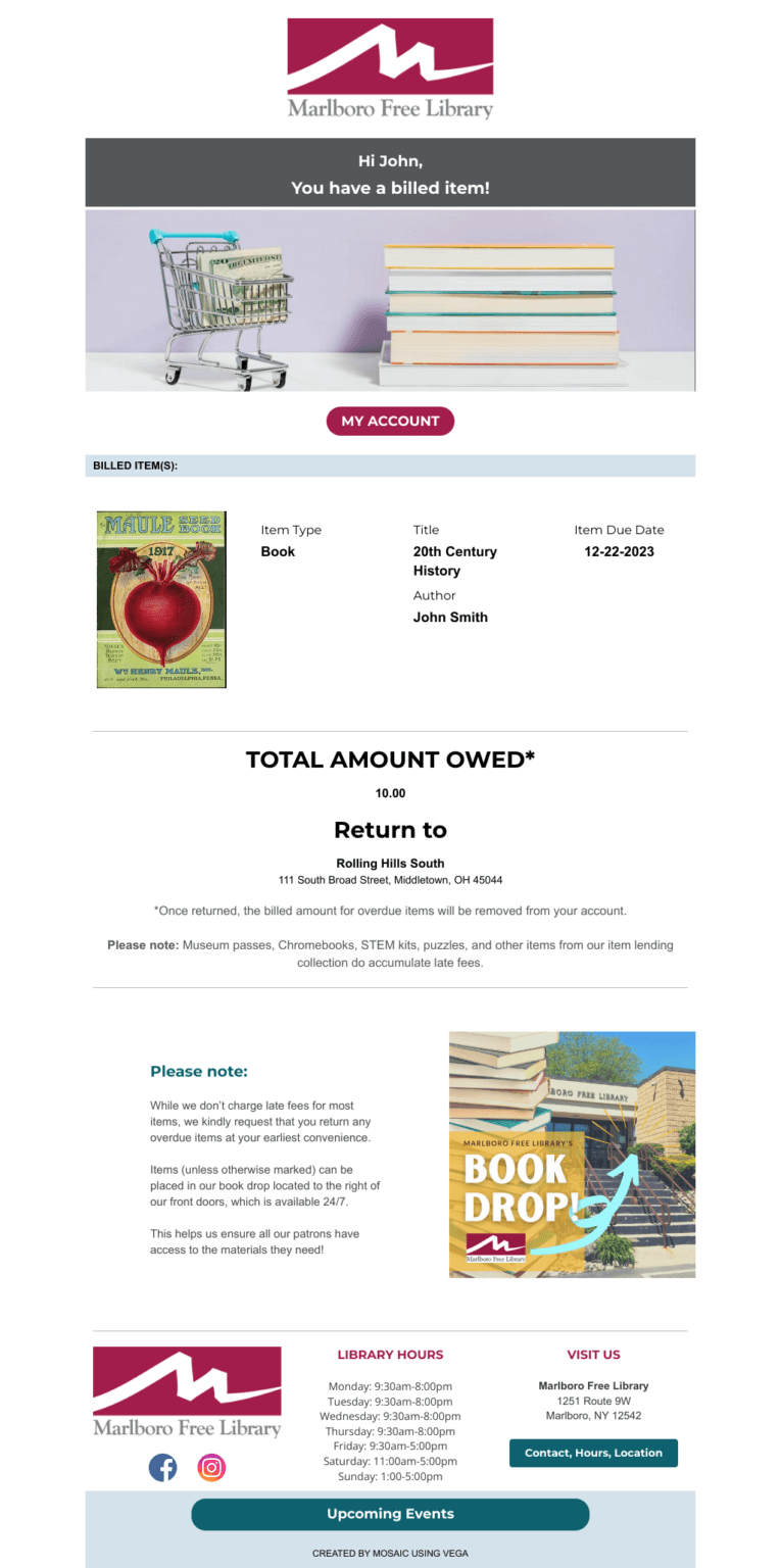 Marlboro Library example of billed notice email