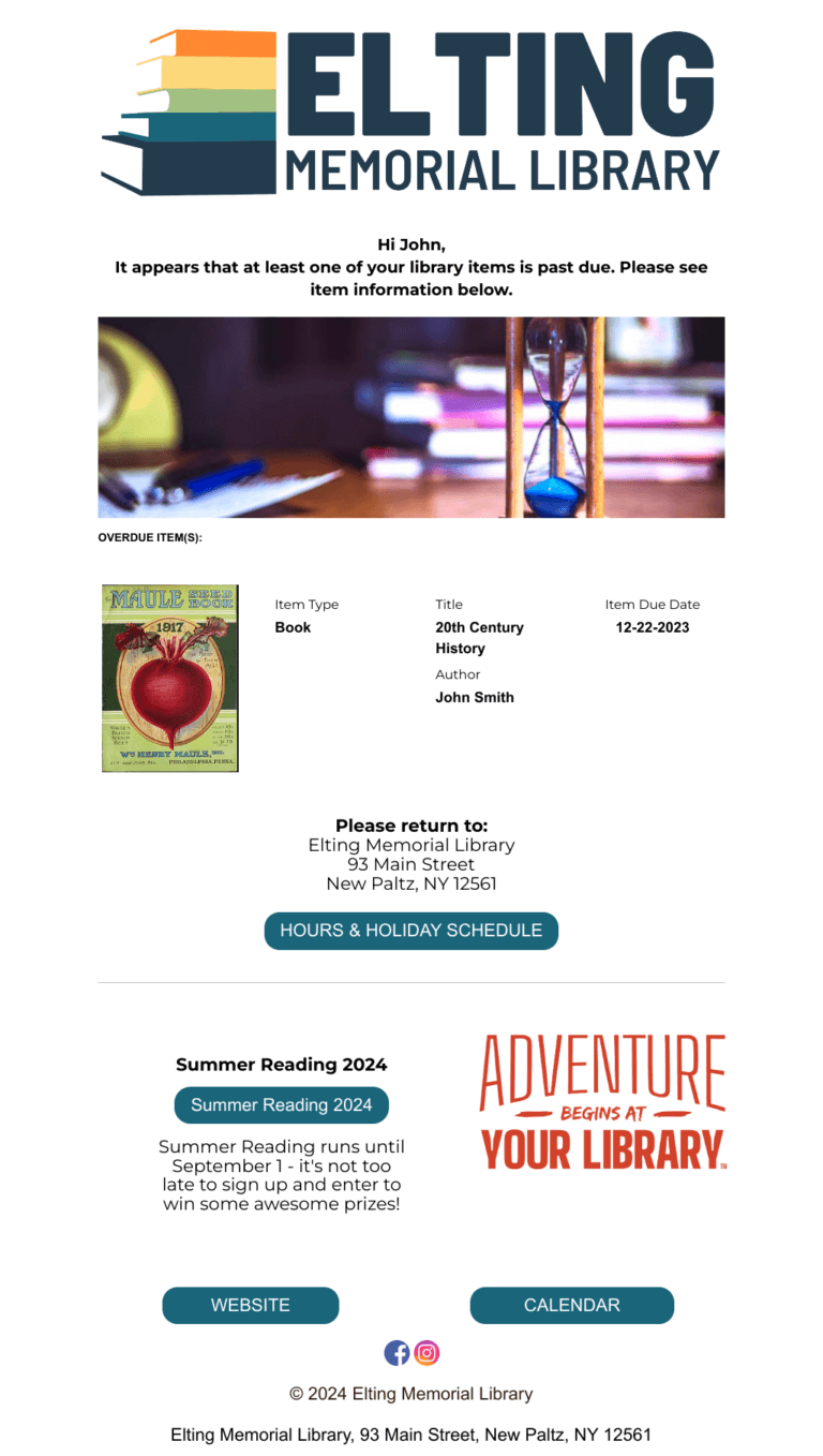 Elting Library (New Paltz) example of overdue notice email