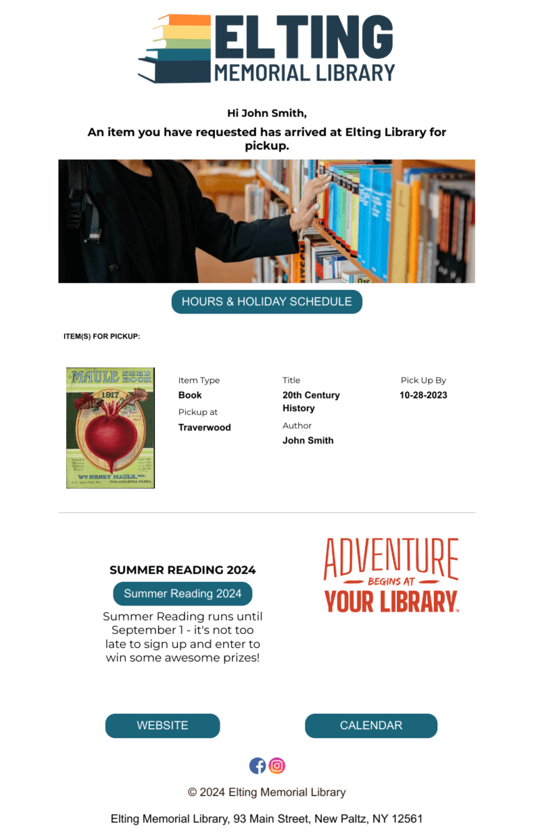 Elting Memorial Library (New Paltz) hold pickup notice email example