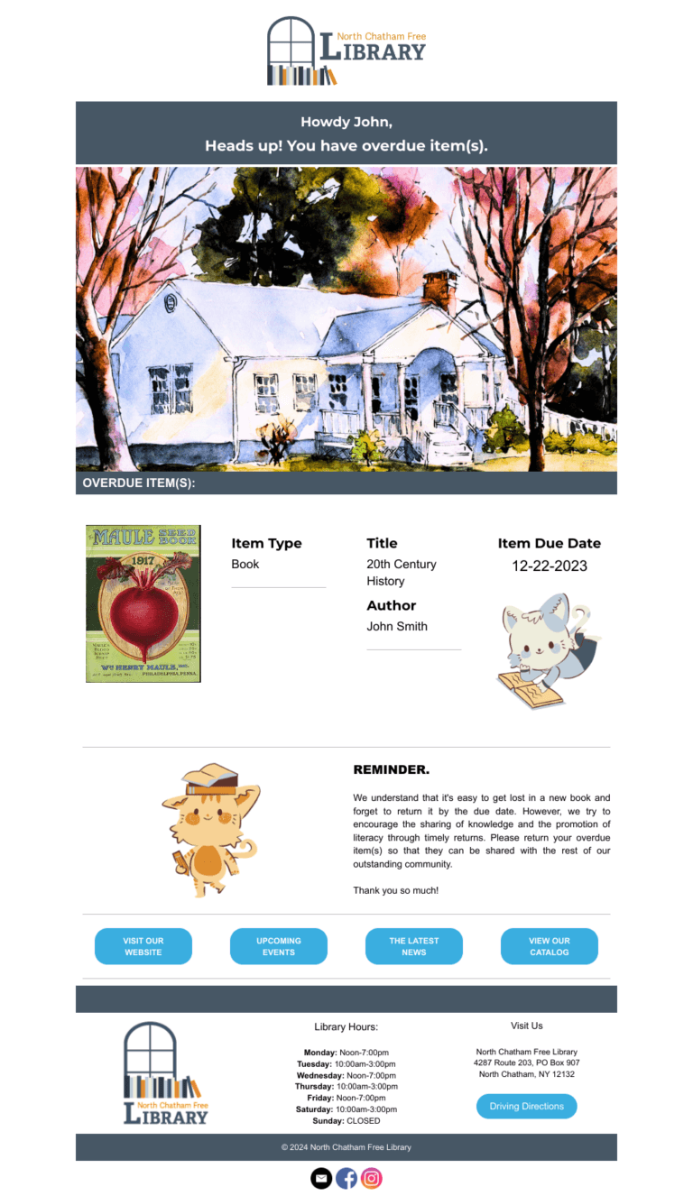 North Chatham Library example of overdue notice email