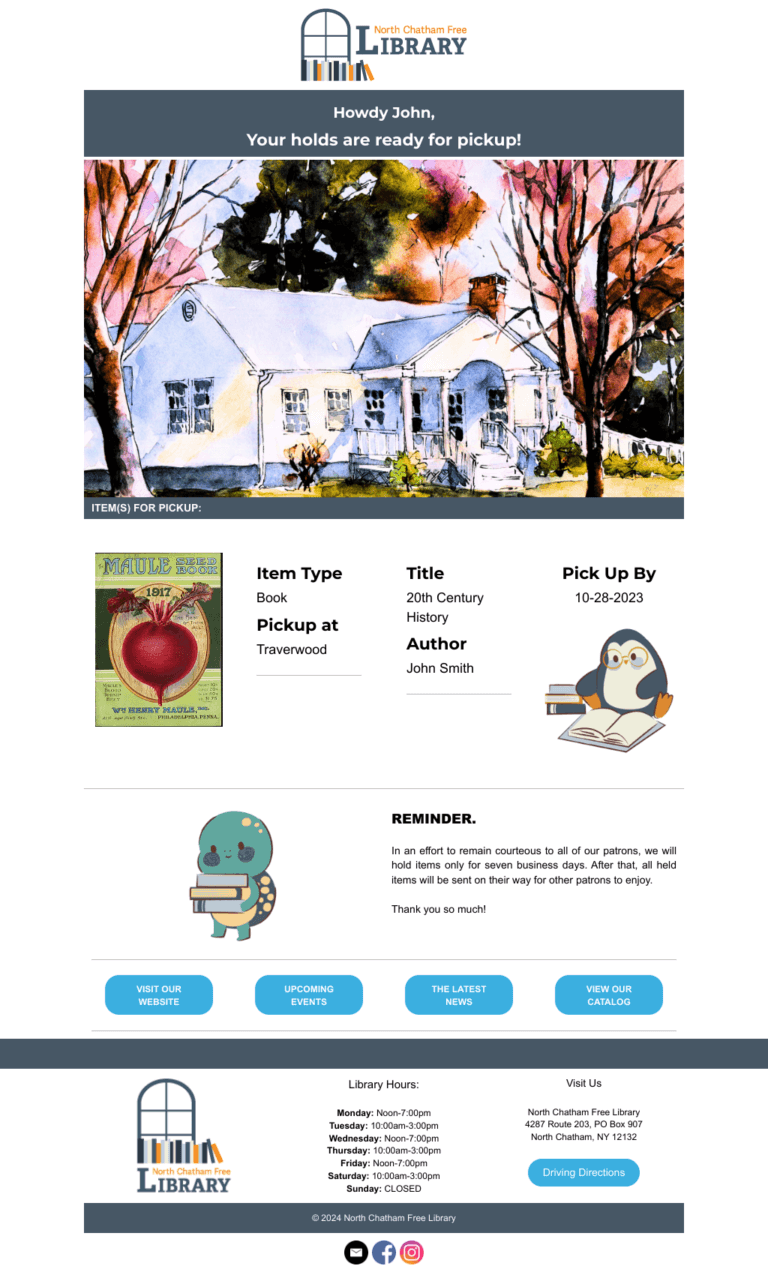 North Chatham Free Library hold pickup notice email example