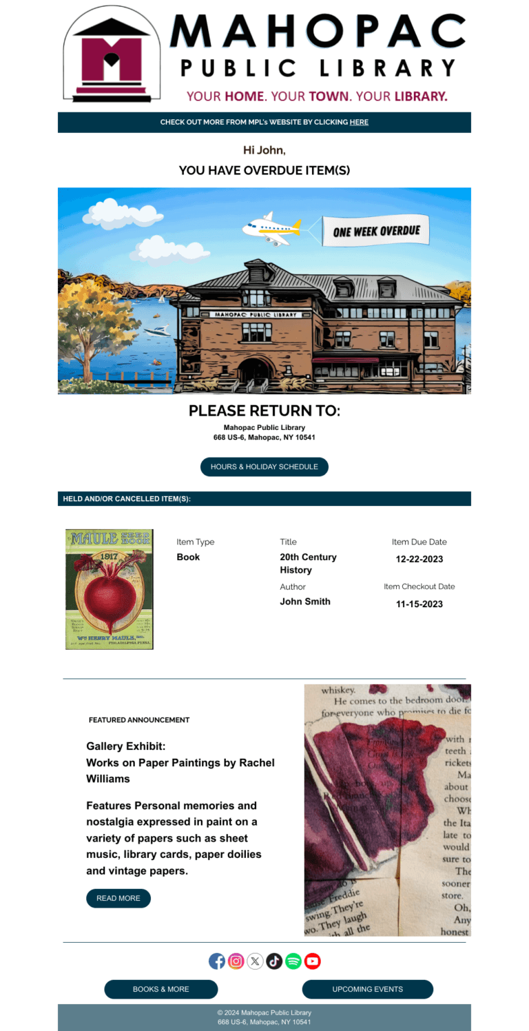 Mahopac Library example of overdue notice email