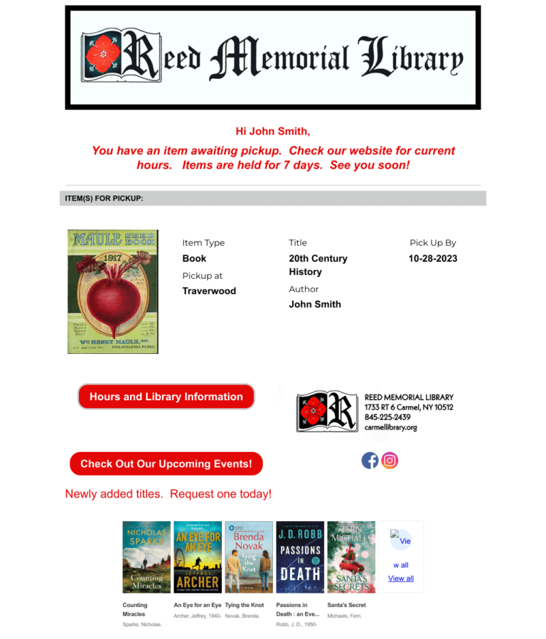 Reed Memorial Library (Carmel) hold pickup notice email example