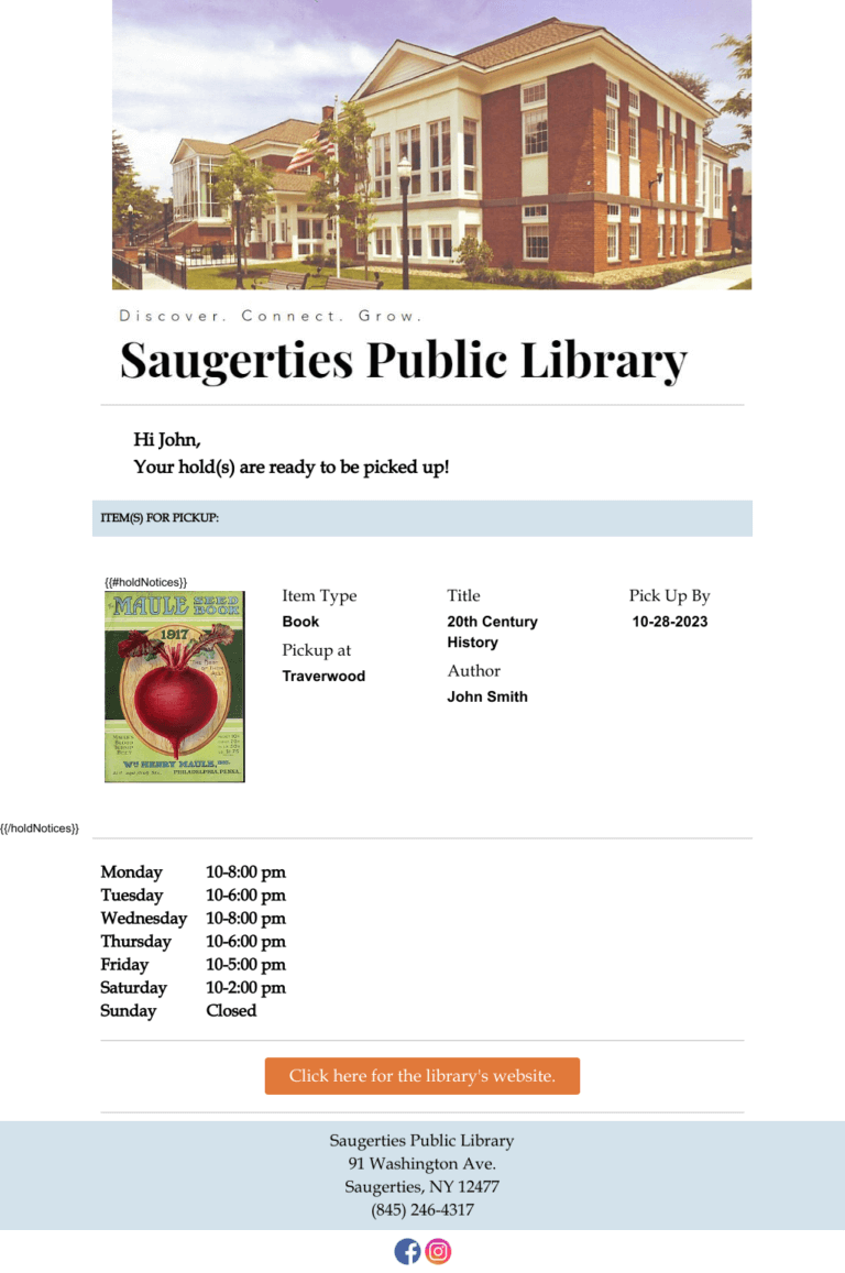 Saugerties Public Library hold pickup notice email example