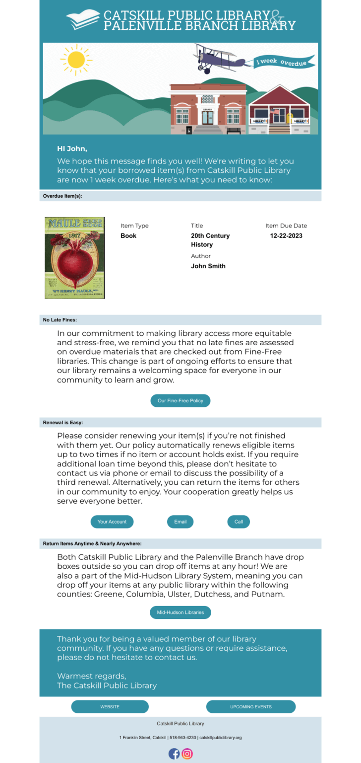 Catskill Library example of overdue notice email