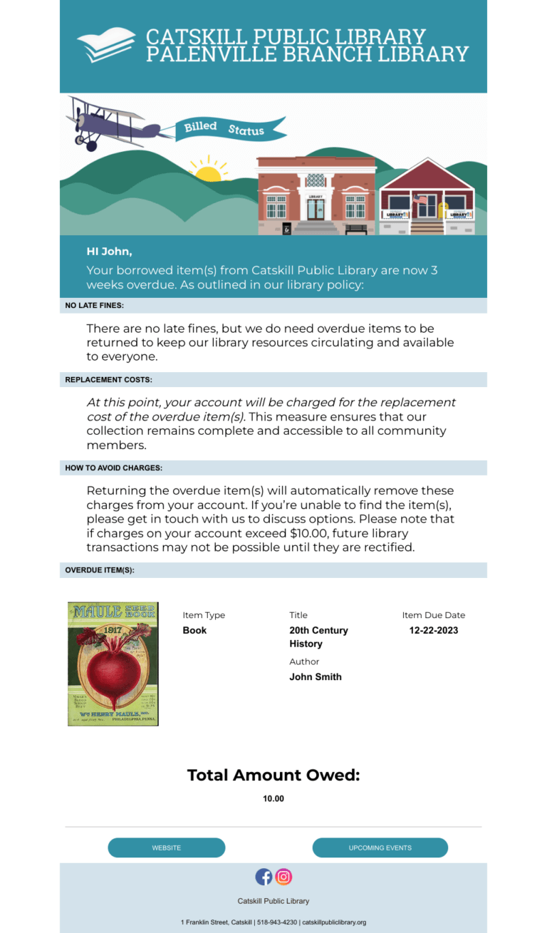Catskill Library example of billed notice email
