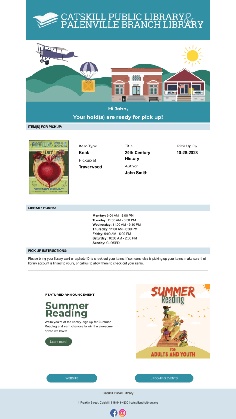 Catskill Library hold pickup notice email example