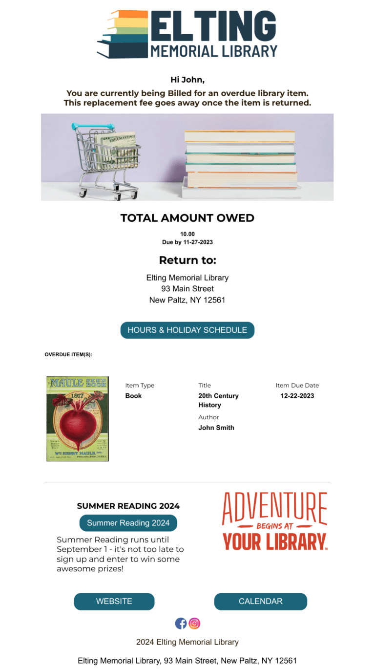 Elting Memorial Library (New Paltz) example of billed notice email