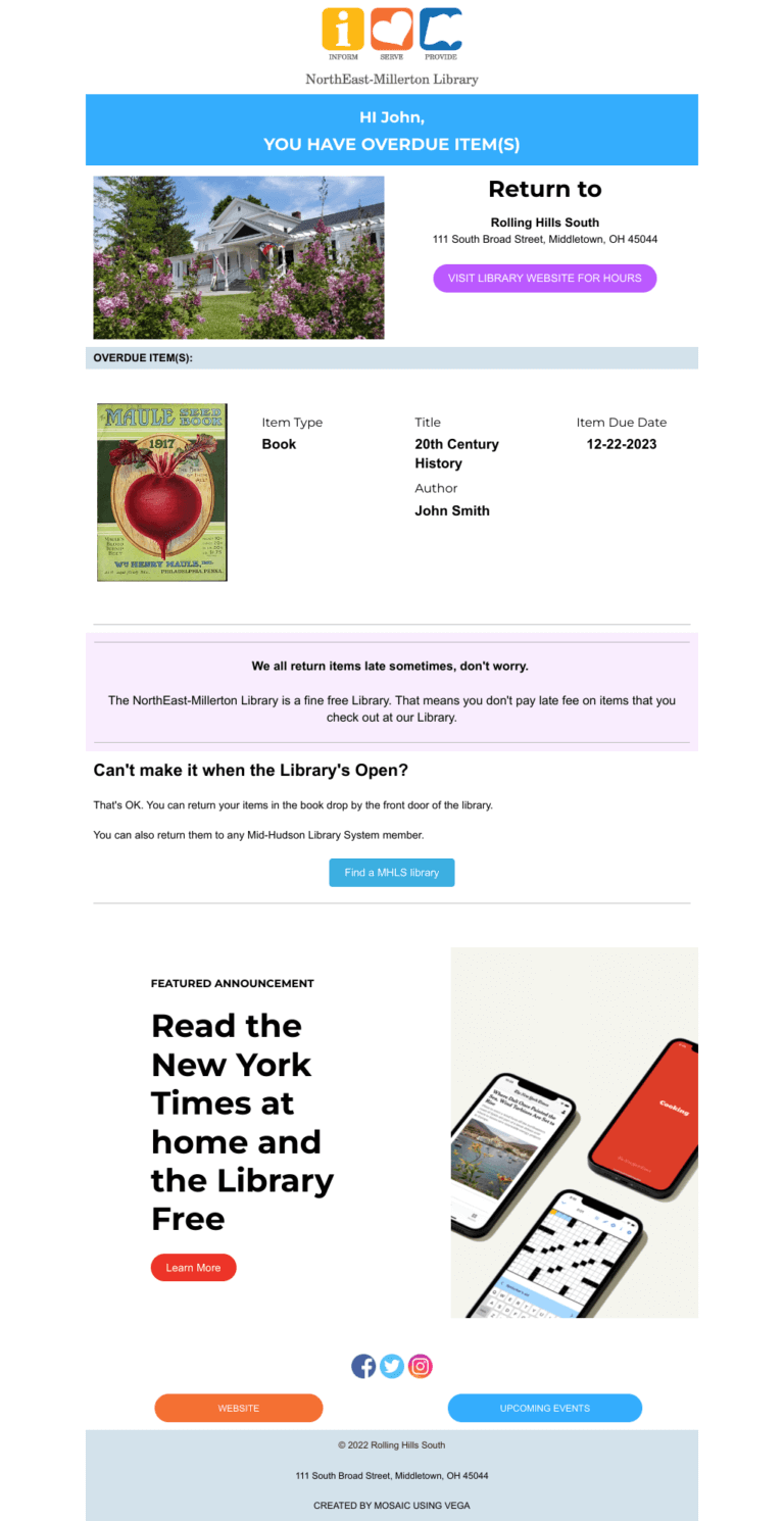 NorthEast-Millerton Library example of overdue notice email
