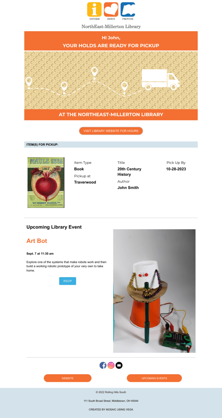 NorthEast-Millerton Library hold pickup notice email example