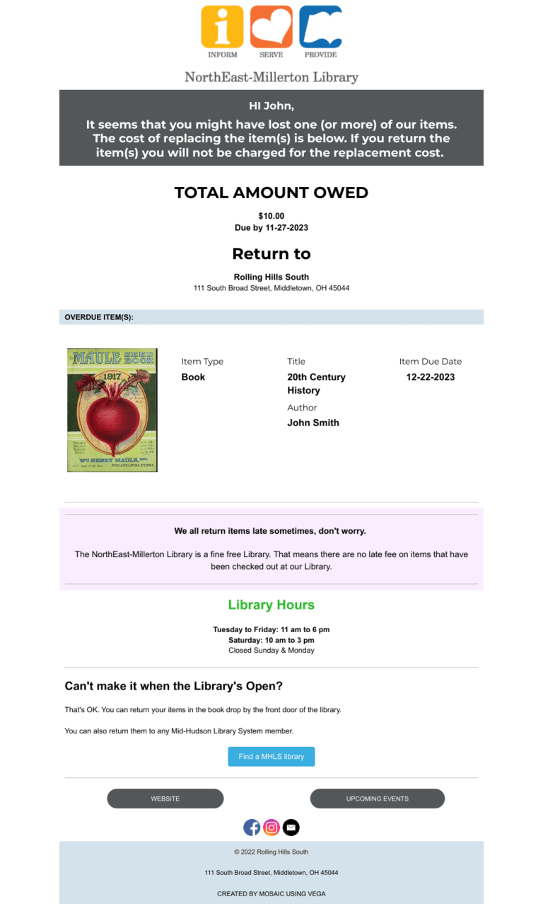 NorthEast-Millerton Library example of billed notice email