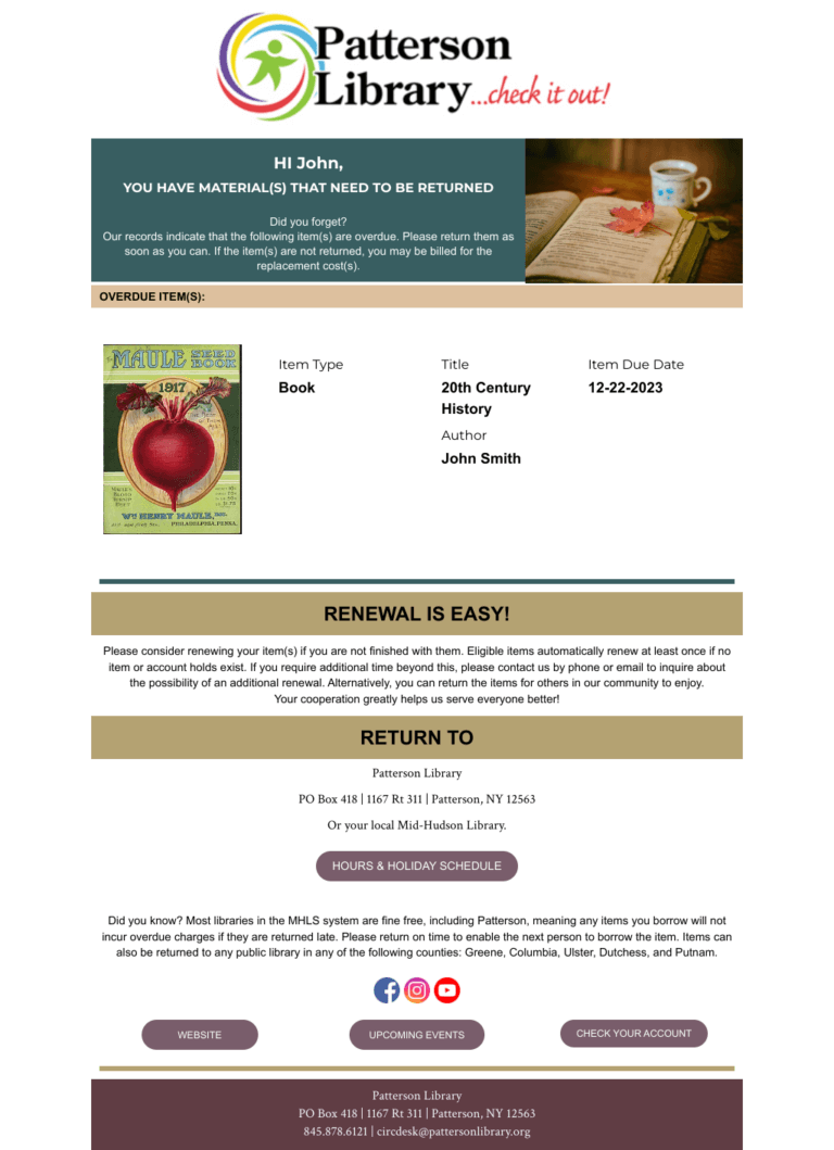 Patterson Library example of overdue notice email