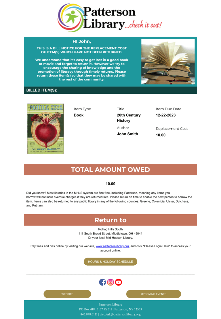 Patterson Library example of billed notice email