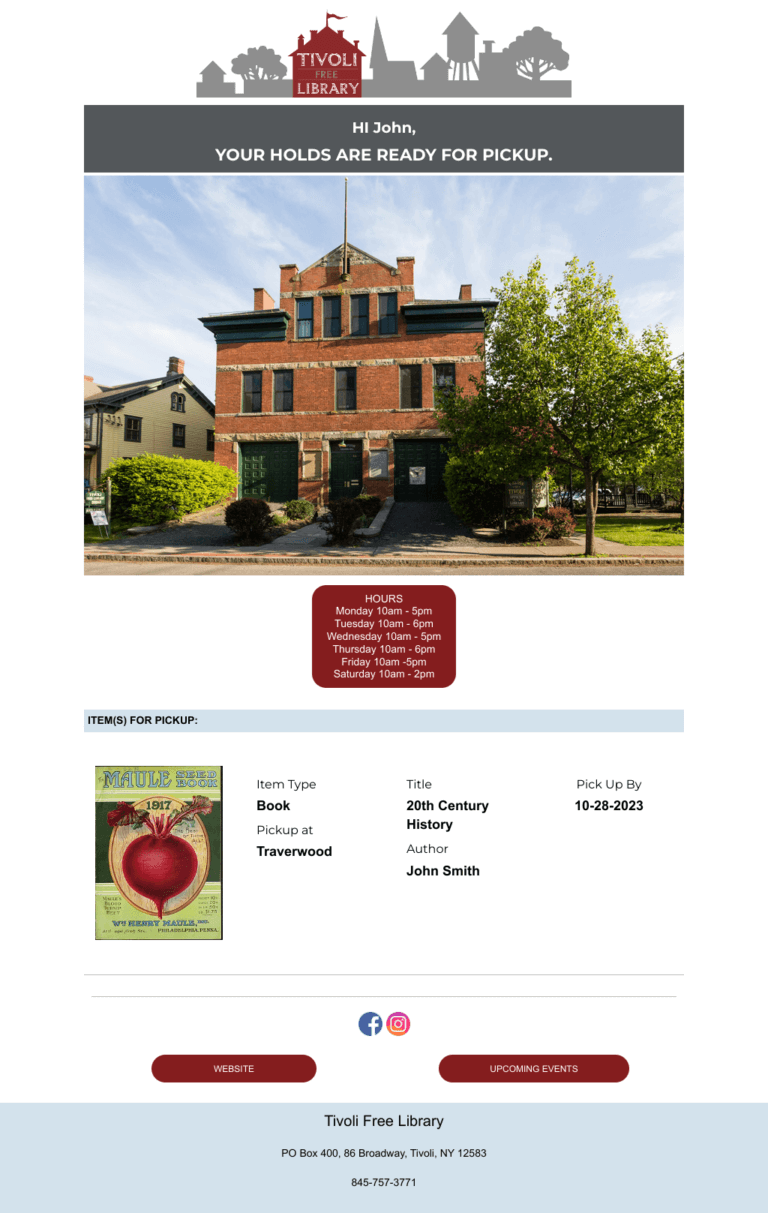 Tivoli Library hold pickup notice email example
